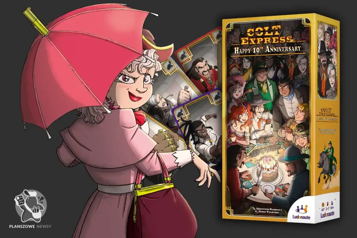 Kobieta z parasolką i pudełko gry Colt Express Happy 10th Anniversary, które zawiera dodatki.