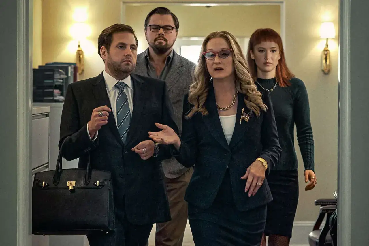 Nie patrz w g&oacute;rę obsada: Jonah Hill, Leonardo DiCaprio, Meryl Streep i Jennifer Lawrence idą razem.