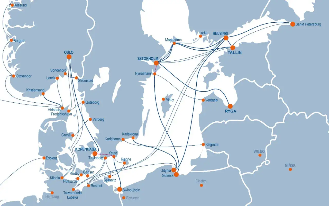 Mapa pokazuje połączenia promowe między Polską a Szwecją. Trasy między Polską a Szwecją przez morze są różne, ale najkrótsza trasa z Gdyni do Karlshamn to ok. 200 km.
