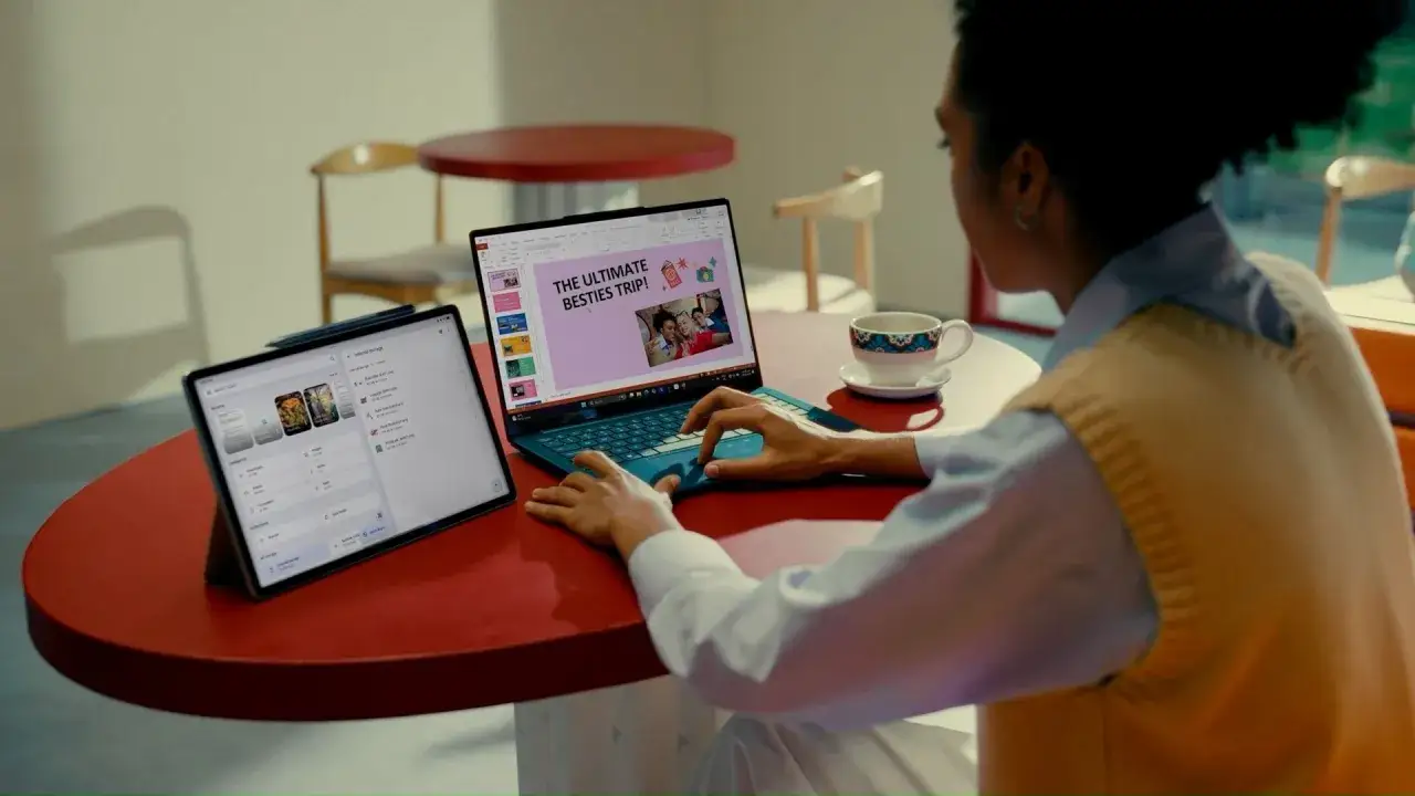 Osoba pracuje na laptopie i tablecie, planując podróż. Na ekranie tabletu widać listę plików, co może pomóc w ustaleniu, jak sprawdzić jakie aplikacje były uruchamiane.