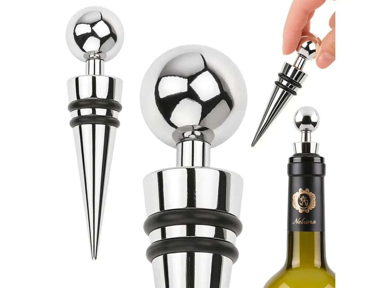 Stoper do wina z metalową kulką i stożkiem. Czy warto kupować wino z nakrętką zamiast korka? Mity a fakty.