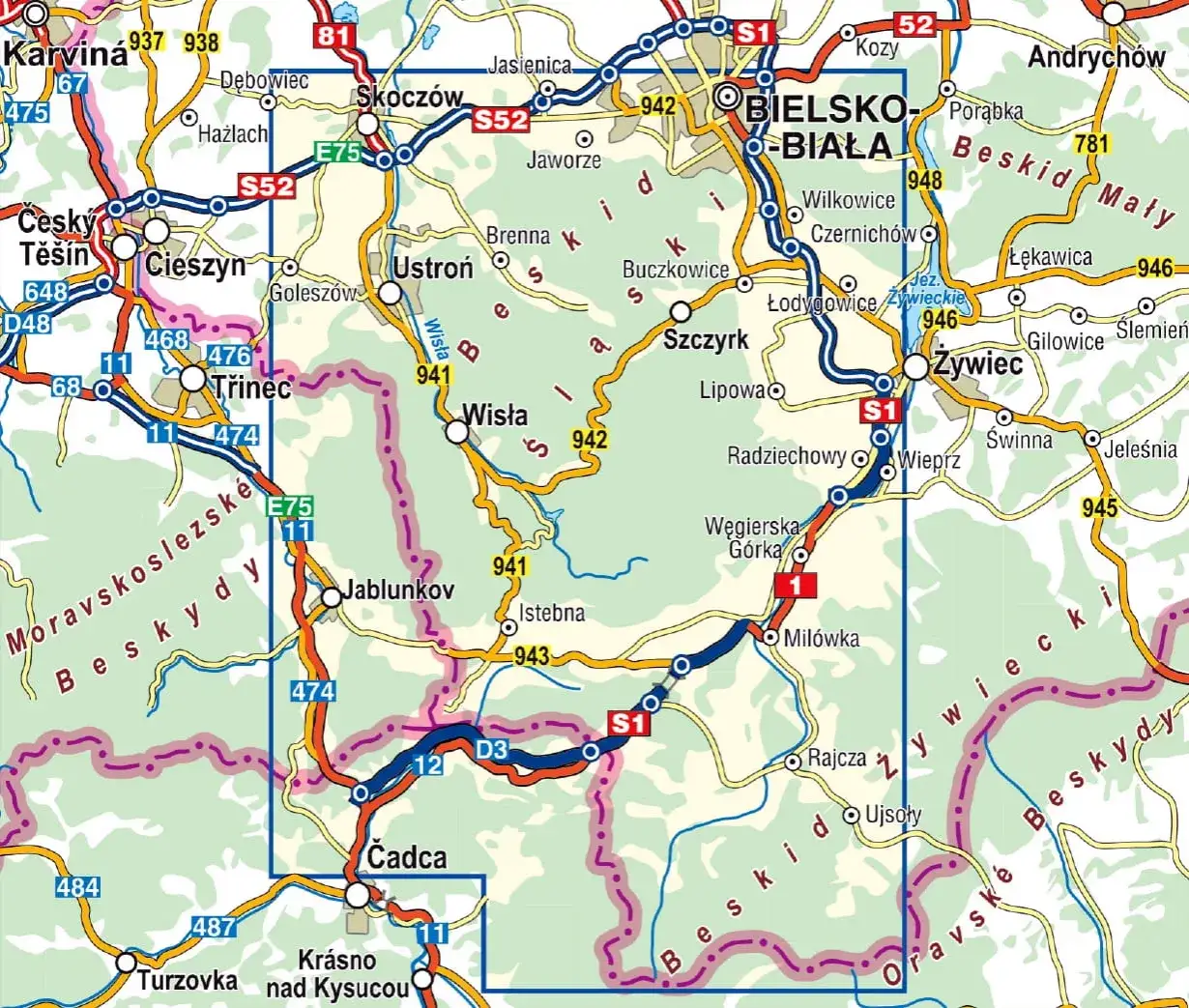Mapa szlaków turystycznych Beskidu Śląskiego Ustroń