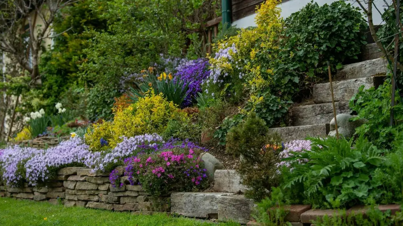 Kolorowa skarpa w ogrodzie inspiracje: fioletowe i r&oacute;żowe kwiaty, ż&oacute;łte krzewy, kamienne murki i drewniane schody tworzą malowniczy krajobraz.