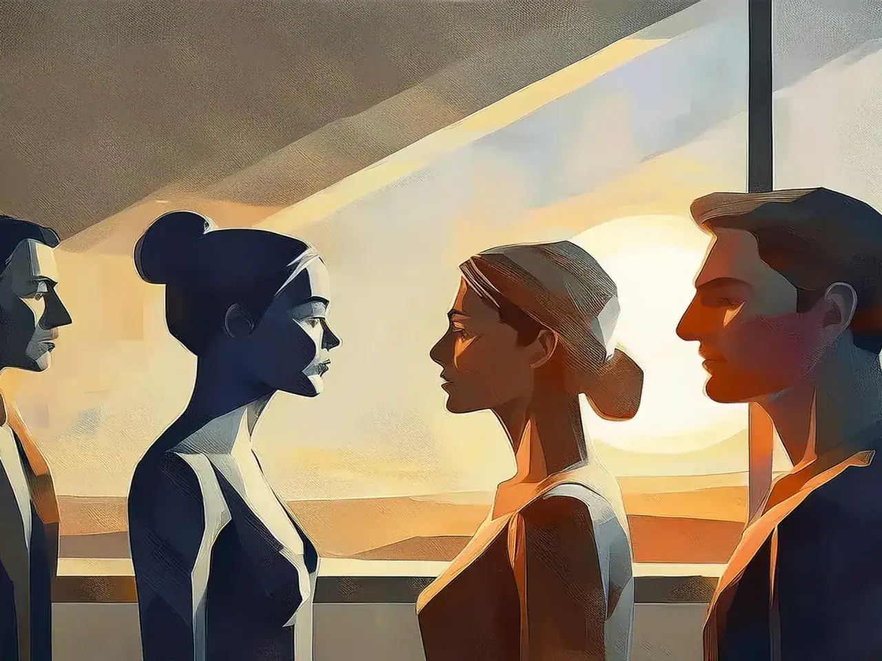 Dwie osoby patrzą na siebie, zastanawiając się, jak zaufać po zdradzie. Słońce zachodzi, tworząc ciepłą atmosferę.