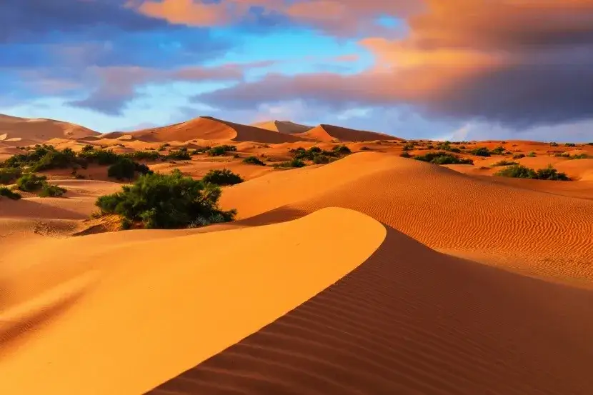 Wydmy Erg Chebbi zach&oacute;d słońca
