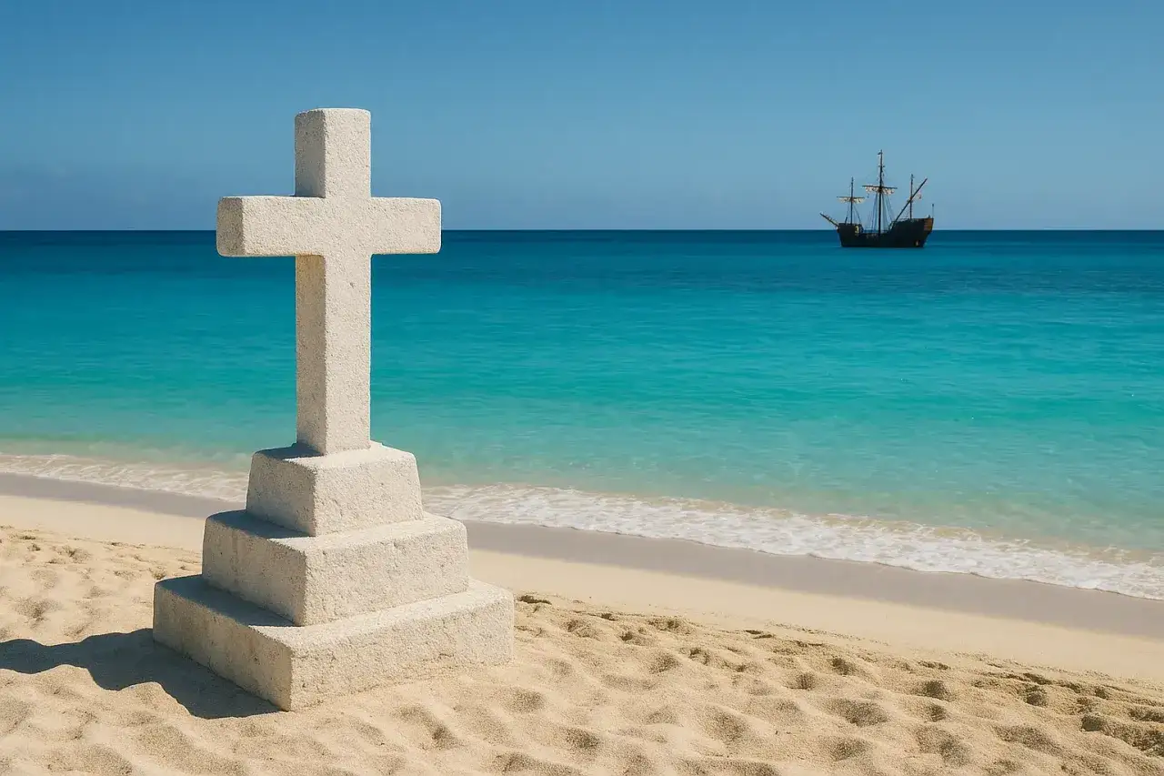 Kamienny krzyż na plaży, symbolizujący przybycie Kolumba, który jako pierwszy odkrył San Salvador. Na turkusowym morzu żaglowiec.