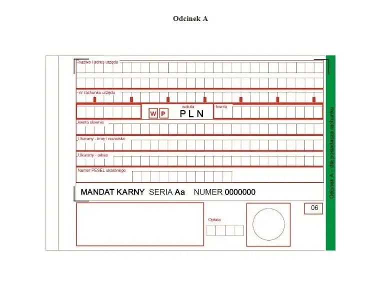 przykładowy druk mandatu karnego MdK z zaznaczonym numerem i serią