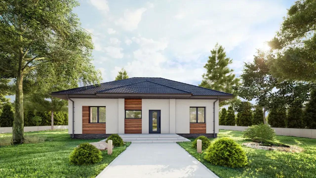 Nowoczesny dom z keramzytu z drewnianymi akcentami, otoczony zielonym ogrodem i drzewami.