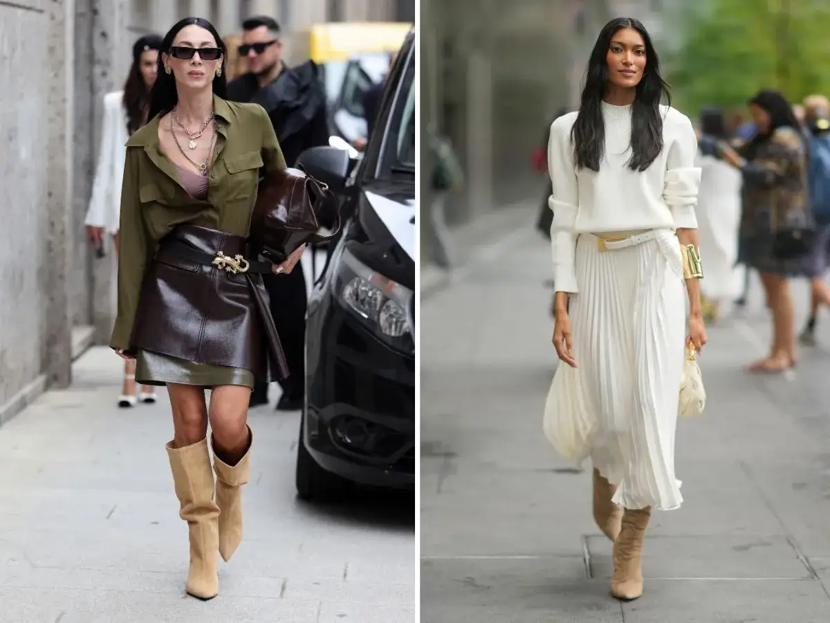 Karmelowe kozaki w stylizacjach: elegancka kobieta w oliwkowej koszuli i skórzanej spódnicy oraz druga w białej, plisowanej sukience.