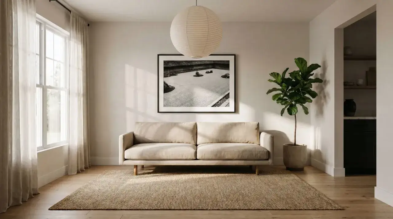 Jasny salon w stylu japandi z beżową kanapą, dywanem z juty i obrazem zen.