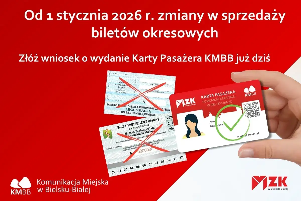 Od 1 stycznia 2026 r. zmiany w sprzedaży biletów okresowych. Złóż wniosek o Kartę Pasażera KMBB. Sprawdź mzk bielsko biala rozkład jazdy.