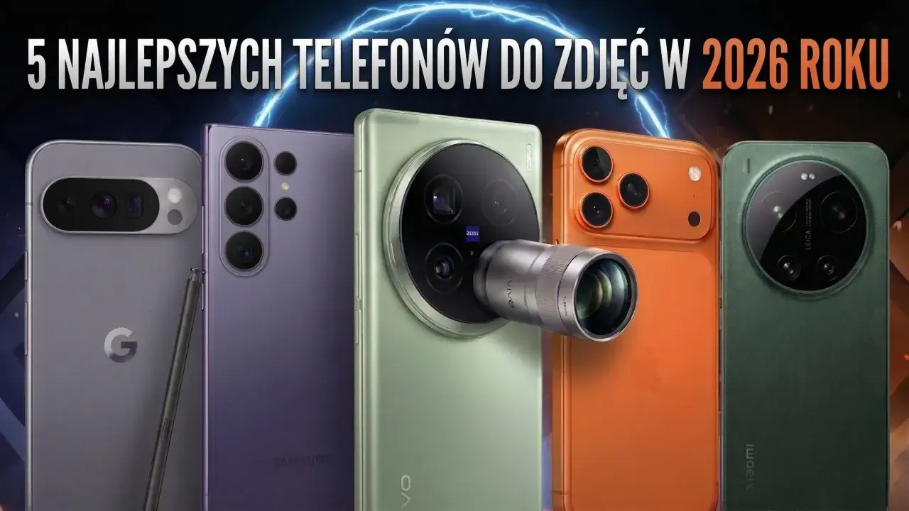 Pięć smartfonów, które mogą odpowiedzieć na pytanie, który telefon ma najlepszy aparat w 2026 roku. Widoczne modele Google, Samsung, Vivo, Apple i Xiaomi.