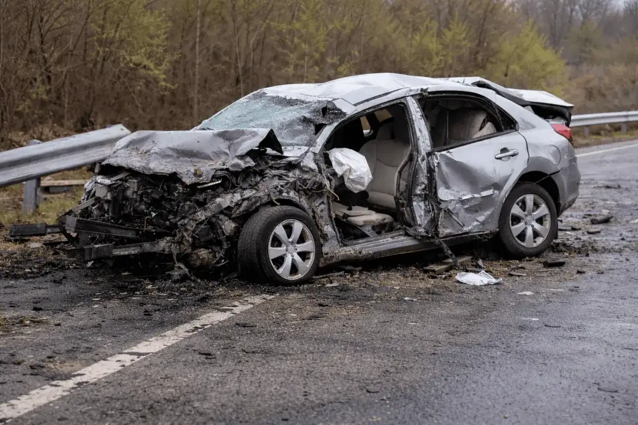 Zmiażdżony srebrny samochód po wypadku drogowym. Dwie szkody z AC w roku to już za dużo.