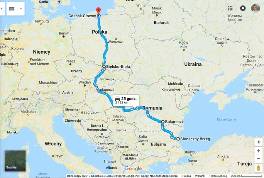 Mapa trasy Polska Bułgaria przez Rumunię