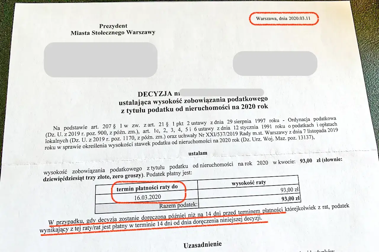 Decyzja o wysokości podatku od nieruchomości i potwierdzenie zapłaty