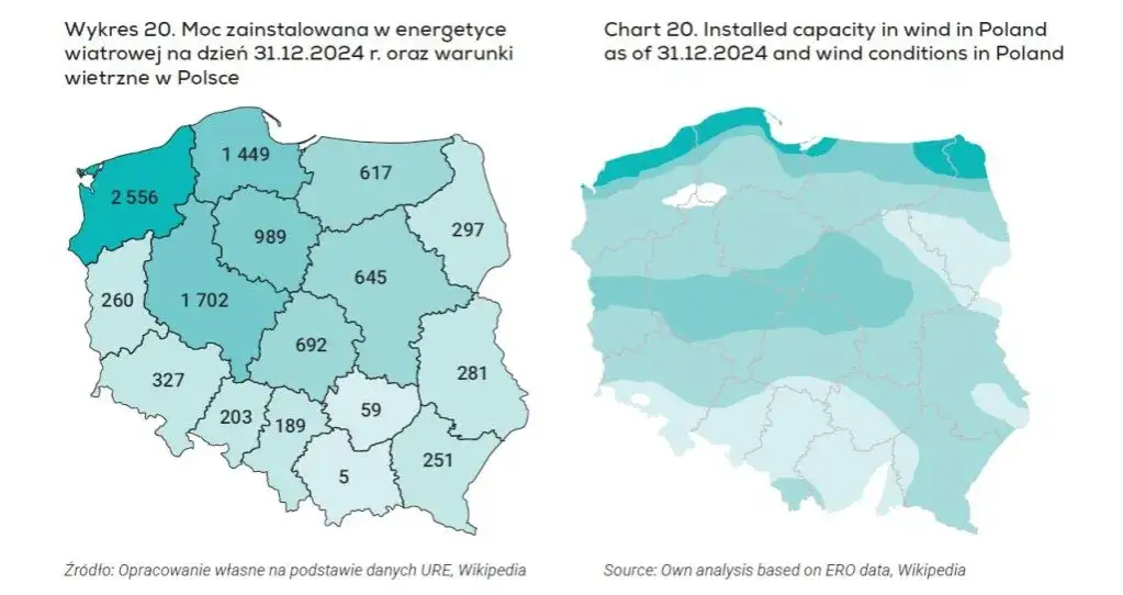 Mapa farm wiatrowych w Polsce wojew&oacute;dztwa moc zainstalowana