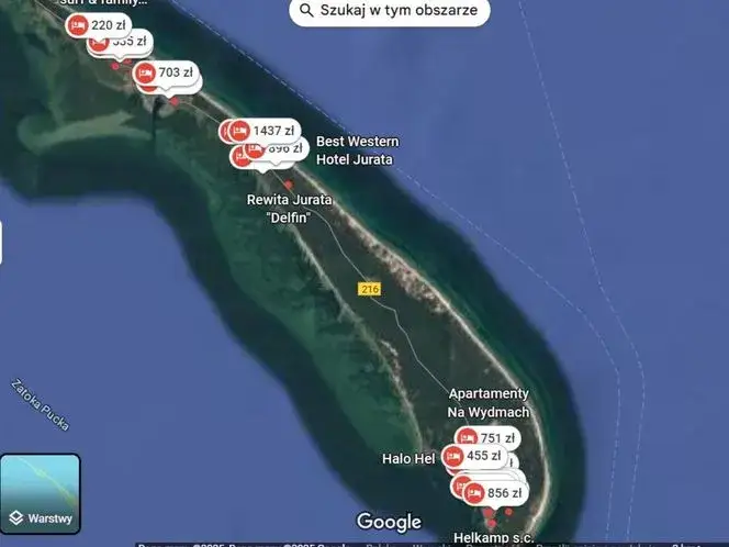 Mapa cen nocleg&oacute;w polskie wybrzeże