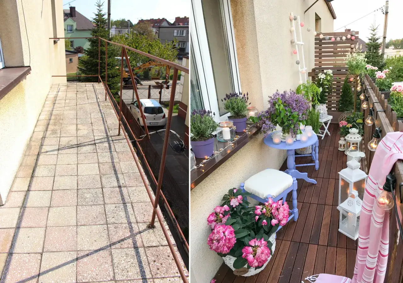 balkon przed i po zabudowie barierki