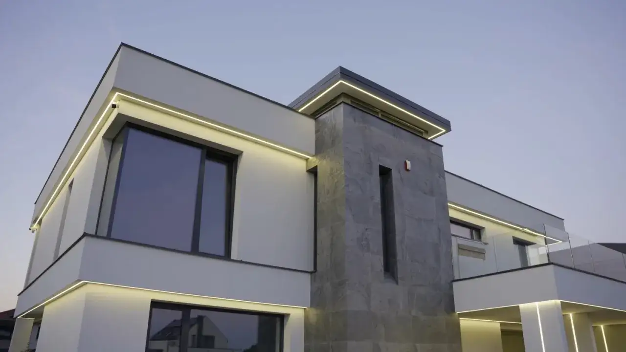 Nowoczesny dom z kamiennymi akcentami i subtelnym oświetleniem LED, podkreślającym jego architekturę. Eleganckie oprawy zewnętrzne elewacyjne tworzą niepowtarzalny klimat.