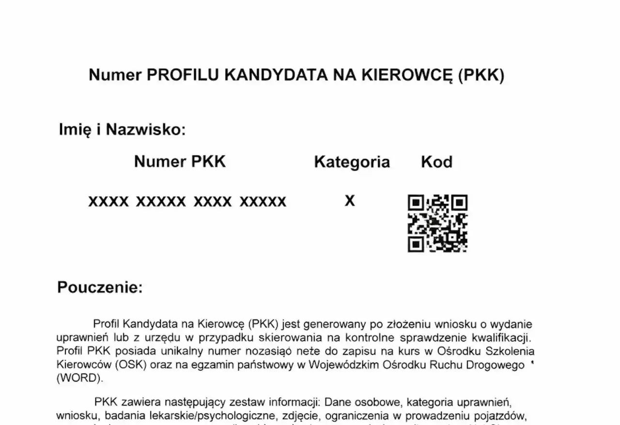 Numer Profilu Kandydata na Kierowcę (PKK) zawiera dane potrzebne, by wyrobić profil kierowcy. Jest to unikalny numer.