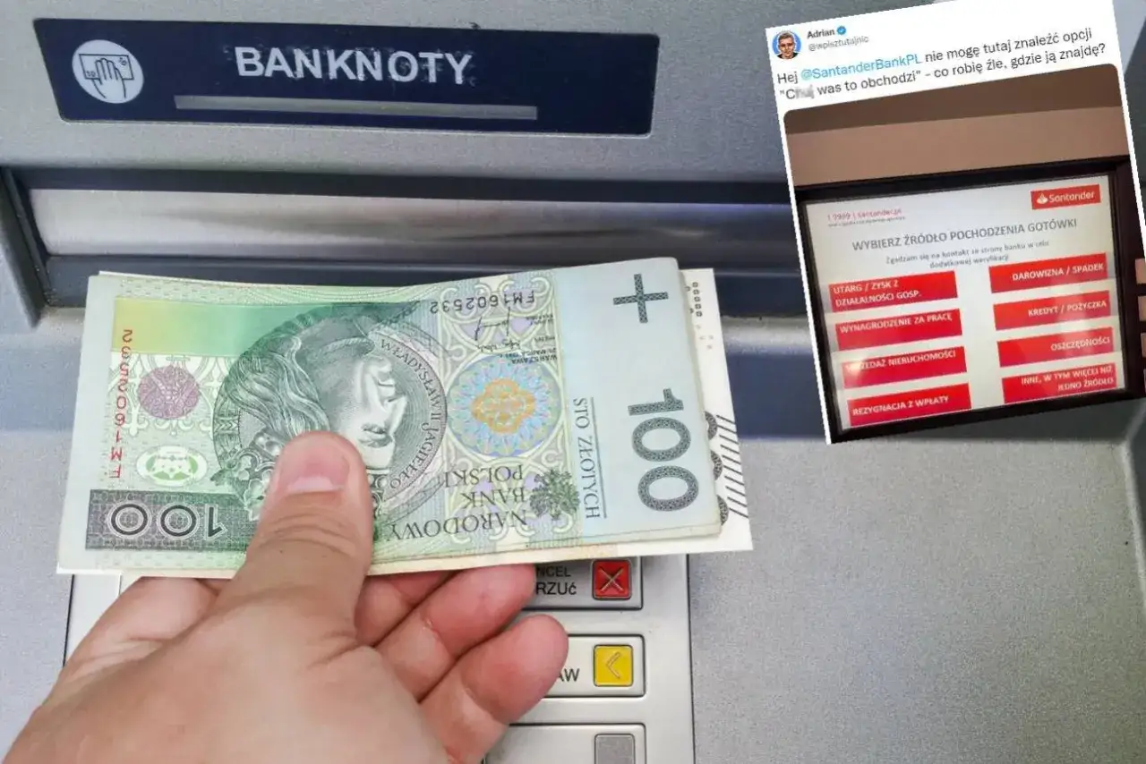Dłoń z banknotami 100 zł przy wpłatomacie Santander. Użytkownik szuka opcji wpłaty BLIK.