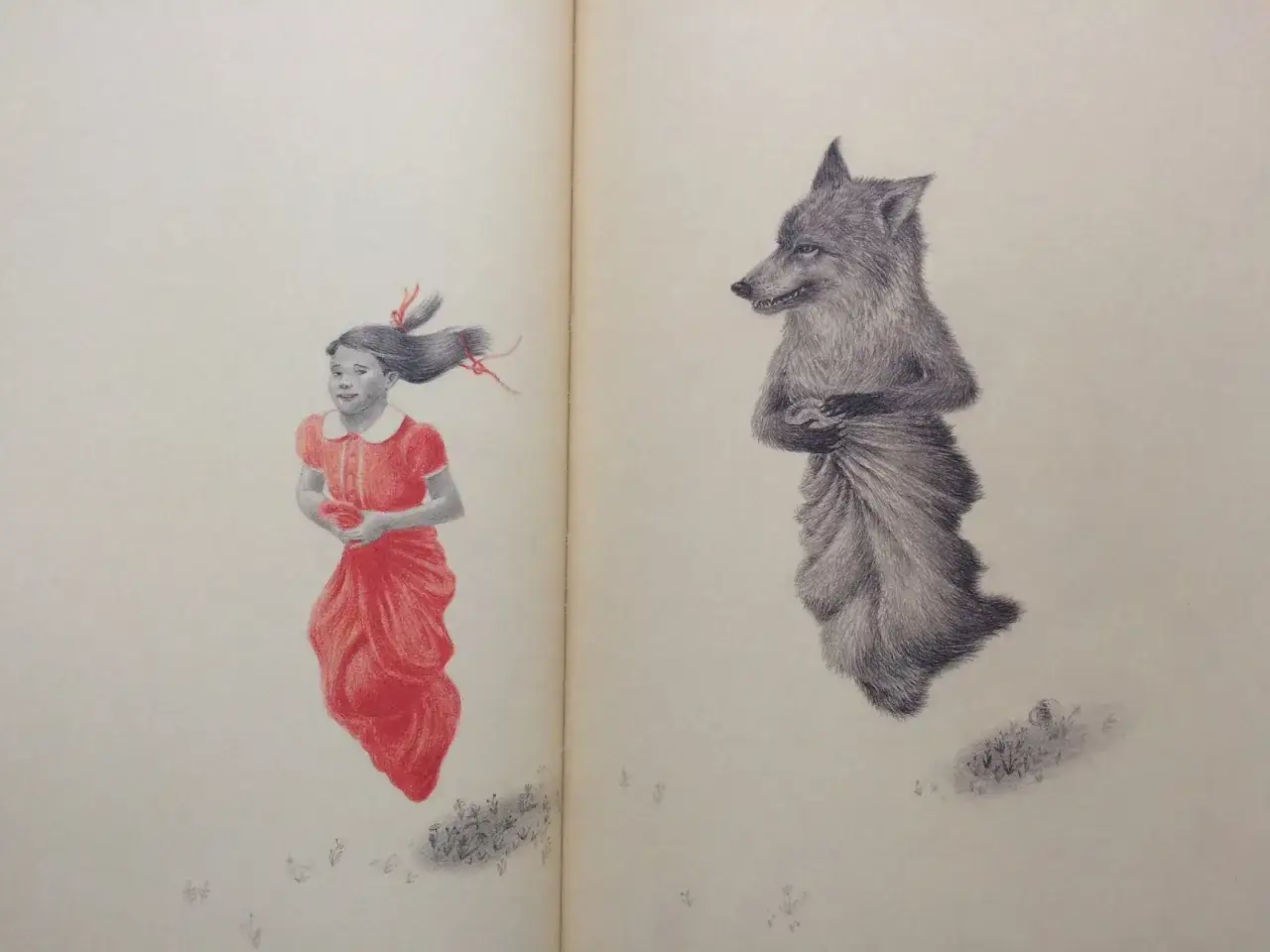 Ilustracja z książki, gdzie dziewczynka w czerwonej sukience spotyka wilka. Kto jest autorem książki Czerwony Kapturek?