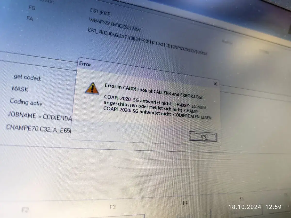 NCS Expert: opis modułów. Błąd w CABI: SG nie odpowiada, IFH-0009, SG nie podłączony, nie melduje się CHAMP, COAPI-2020: SG nie odpowiada CODIERDATEN_LESEN.