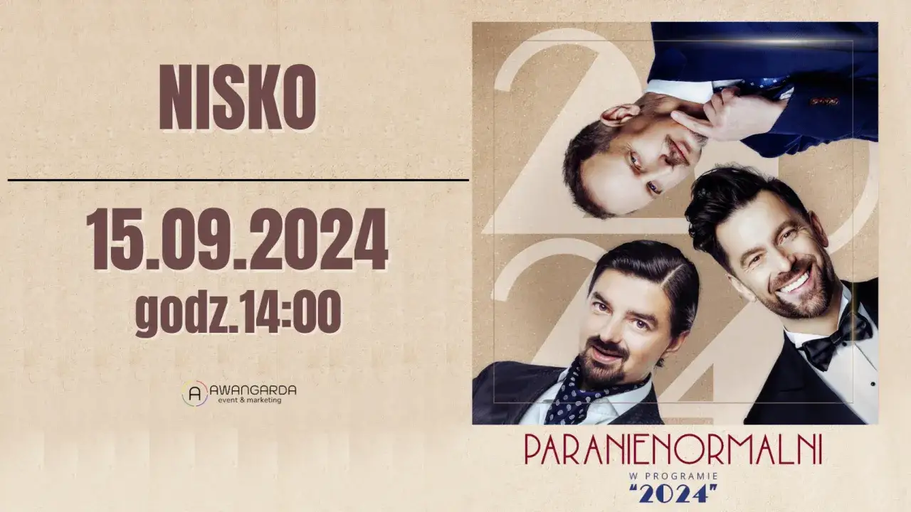 Kabaret Paranienormalni nowy skład w Nysie 15.09.2024. Trzech pan&oacute;w w garniturach zaprasza na program 
