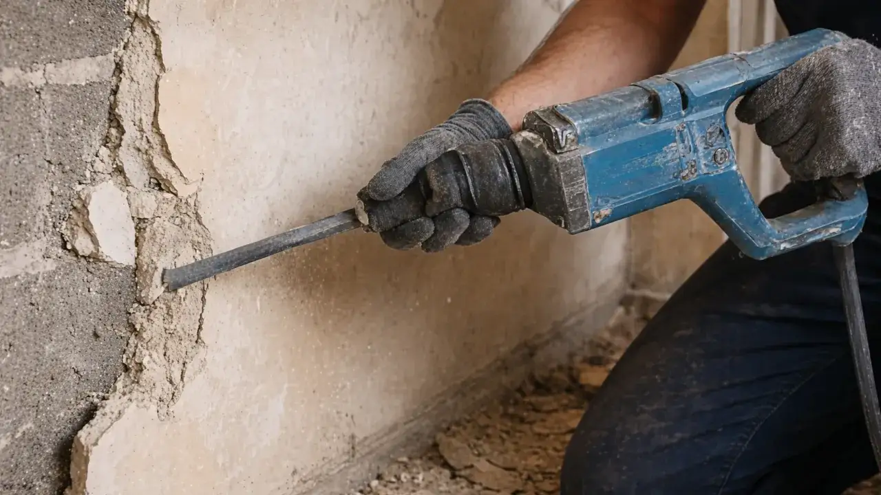 Rękawice i młot udarowy pomagają w tym, jak usunąć tynk dekoracyjny ze ściany, odsłaniając betonową konstrukcję.