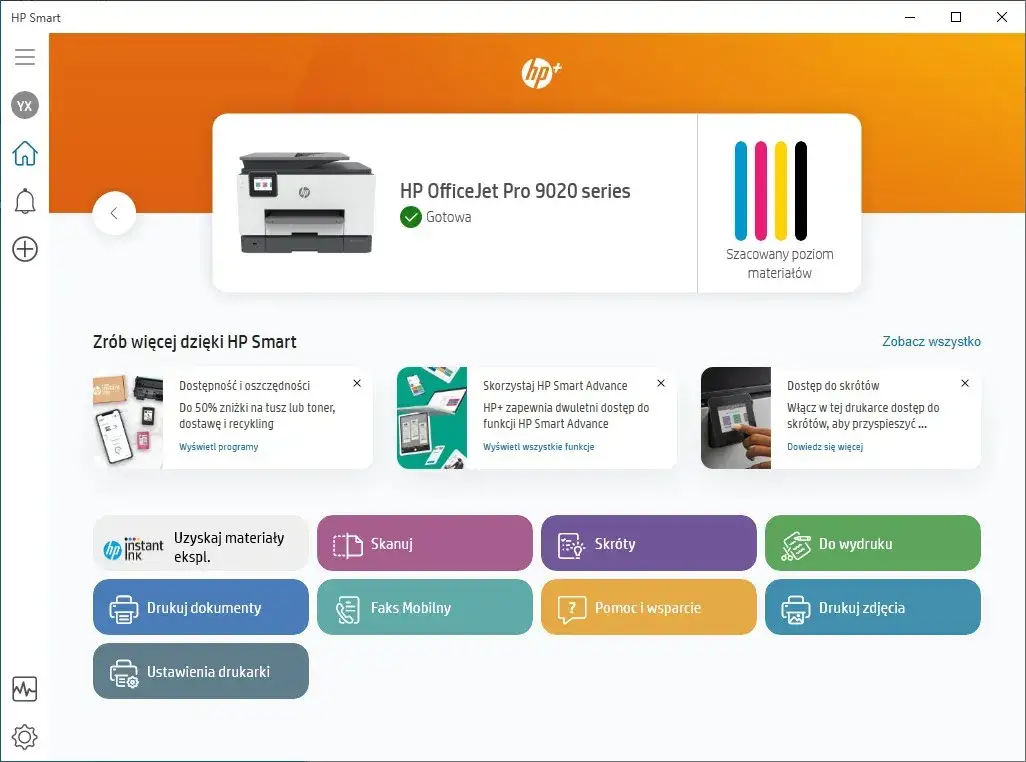 Interfejs aplikacji HP Smart