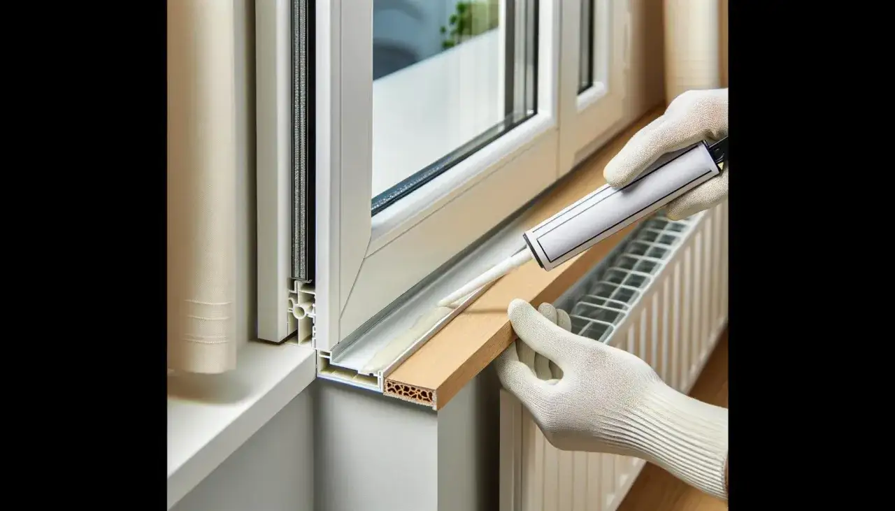 Ręce w rękawiczkach uszczelniają szczeliny między oknem a parapetem za pomocą pistoletu z masą silikonową.