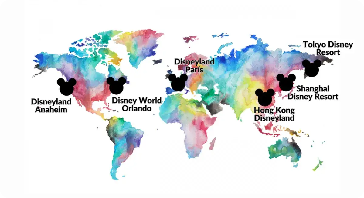 Mapa świata z zaznaczonymi lokalizacjami Disneyland&oacute;w