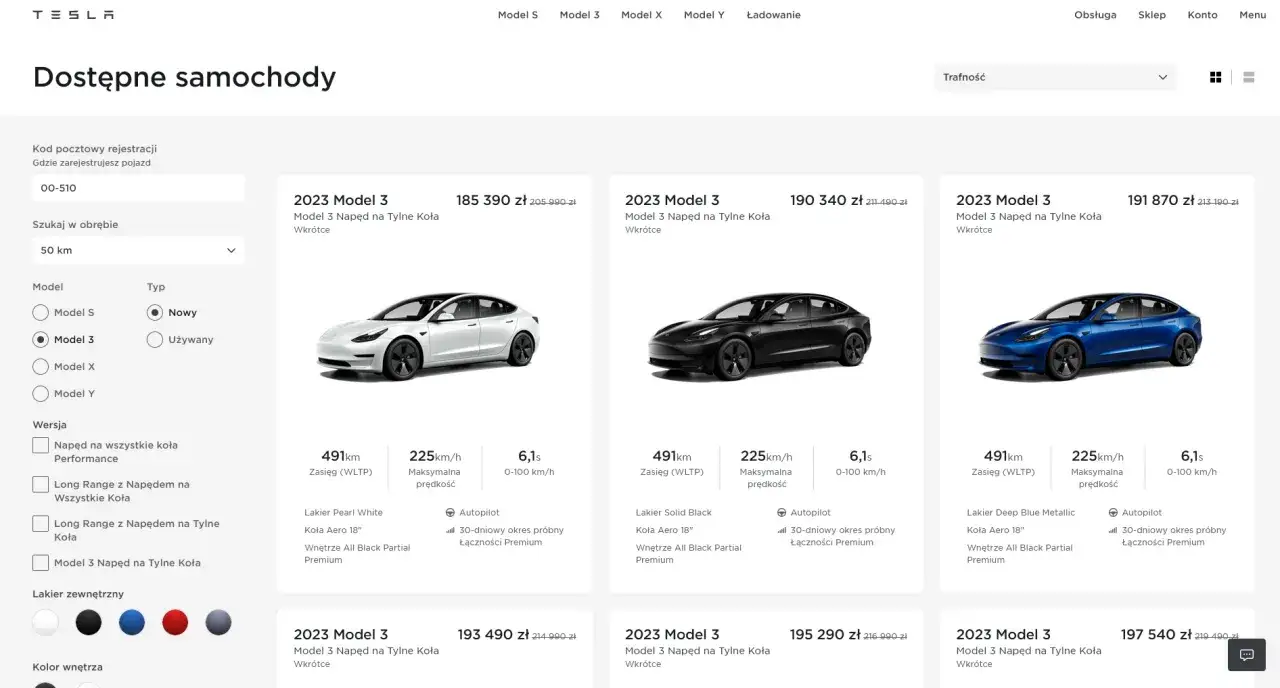 Trzy Tesle Model 3 z USA w różnych kolorach: biały, czarny i niebieski. Dostępne od ręki.