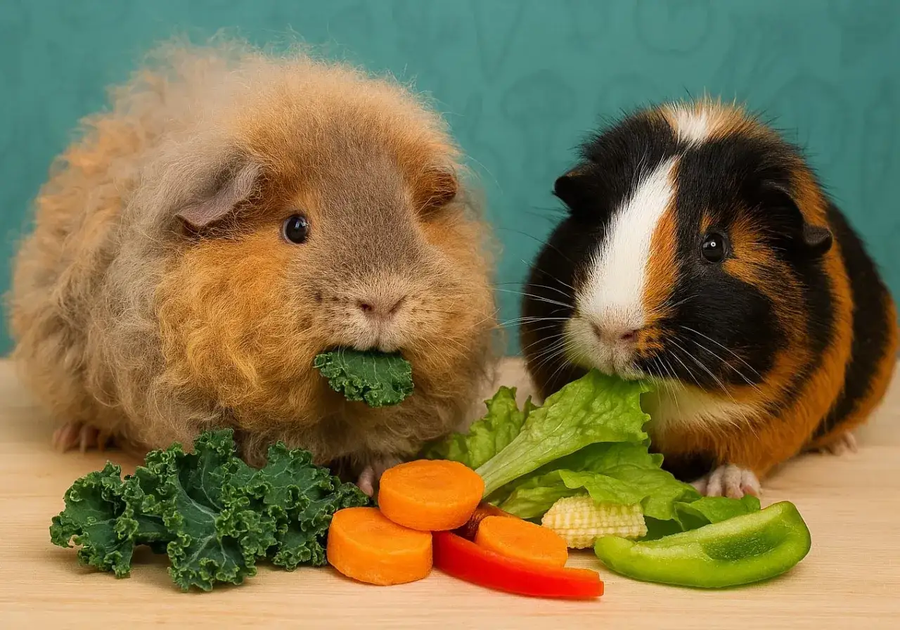 Dwa świnki morskie jedzą warzywa. Jedna gryzie zielony liść, a druga chrupie sałatę. Czy świnki morskie mogą jeść cukinię? Tak, to zdrowy przysmak.