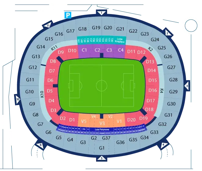Mapa stadionu z zaznaczonymi sektorami