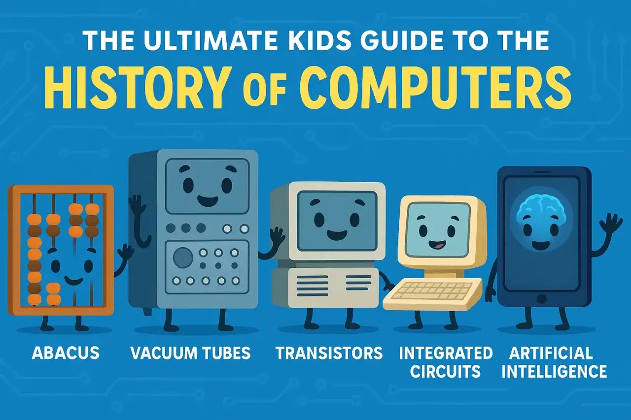 Historia i rozw&oacute;j informatyki: od liczydła po sztuczną inteligencję. Ilustracja przedstawia ewolucję komputer&oacute;w.