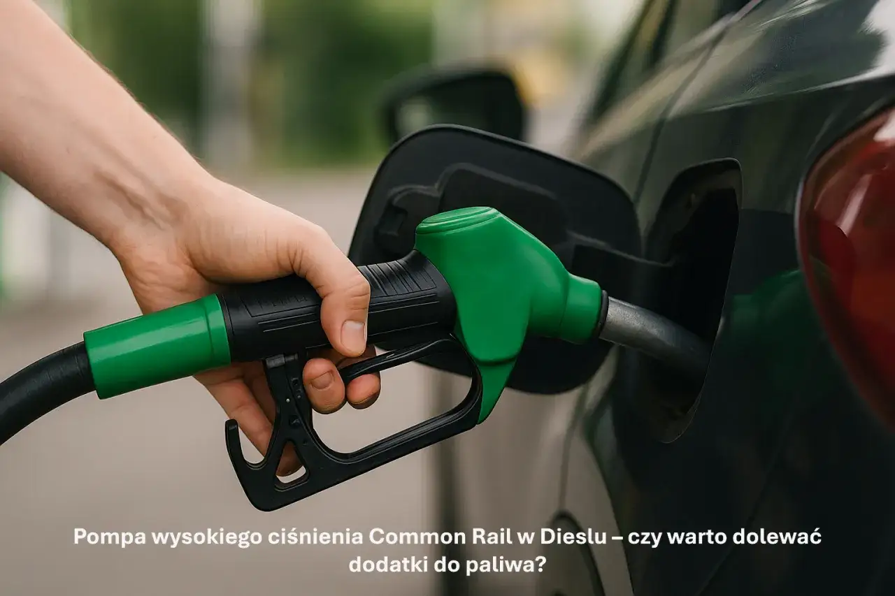 Dłoń trzymająca zieloną dyszę dystrybutora paliwa przy samochodzie. Jaki dodatek do diesla common rail?