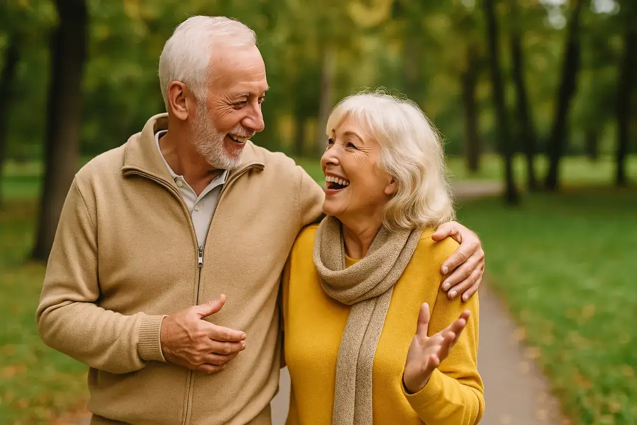Uśmiechnięta para senior&oacute;w spaceruje po parku. On prawi jej komplementy, a ona śmieje się radośnie.