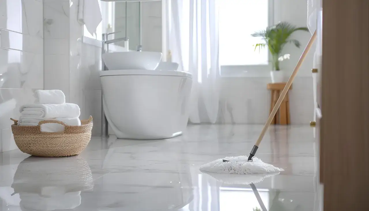 Biała łazienka lśni czystością. Mop właśnie kończy pracę, pokazując, jak sprzątać łazienkę, by była nieskazitelna.