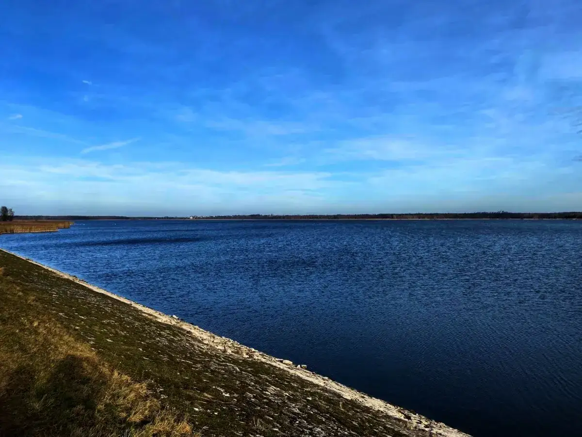 Spokojne, błękitne niebo nad rozległym **świerklaniec jezioro**. Brzeg porośnięty suchą trawą i zielenią.