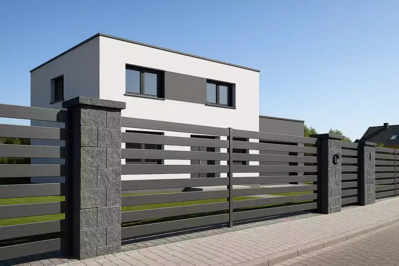 Nowoczesne ogrodzenie do ogrodu z kamiennymi słupkami i ciemnoszarymi, poziomymi panelami. Elegancko oddziela posesję od ulicy.