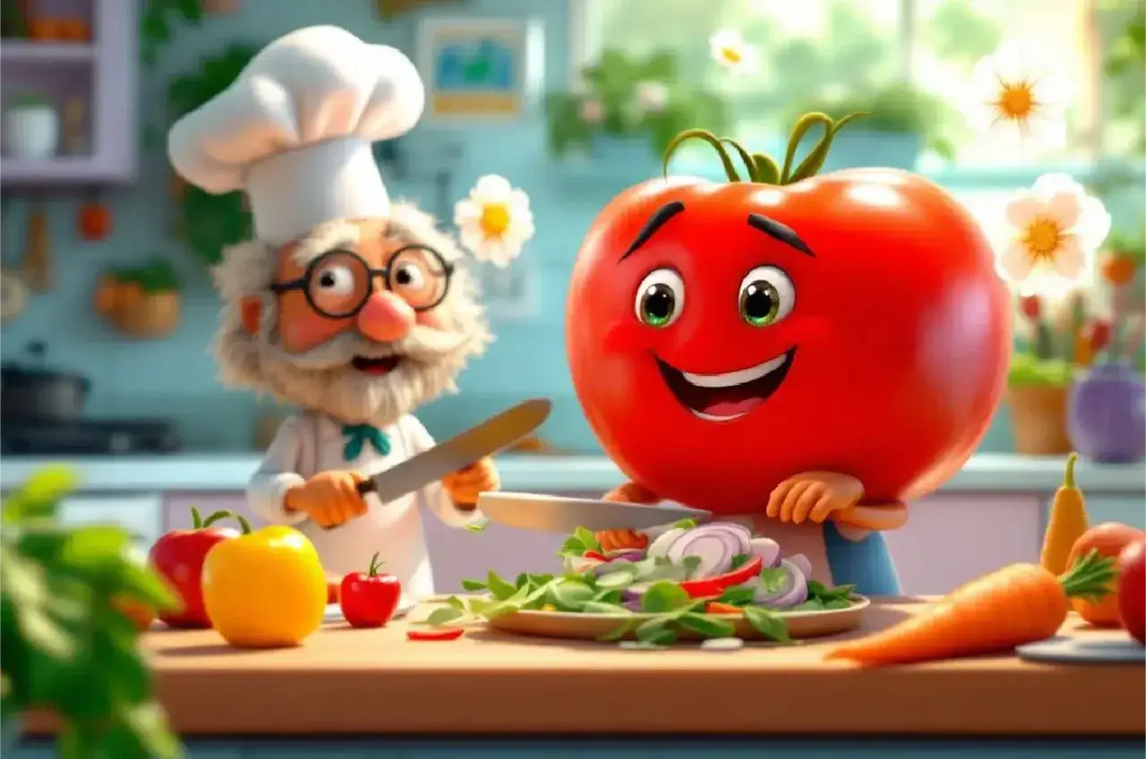 Wesoły pomidor, który jest owocem czy warzywem, kroi sałatkę z szefem kuchni.
