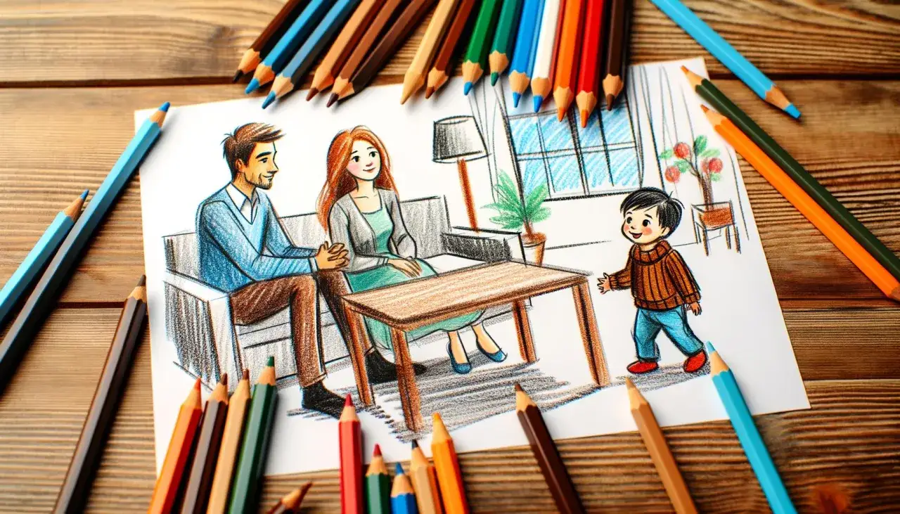 Rysunek przedstawia rodzinę przy stole, symbolizującą porozumienie w trudnych sprawach, jak wniosek rozwodowy za porozumieniem stron.