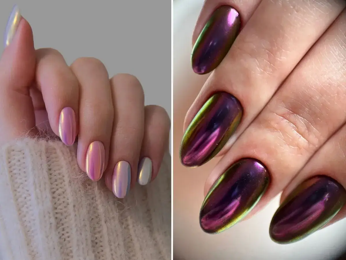 Dłonie z paznokciami w odcieniach różu i fioletu z efektem lustra. Te kryształki na paznokcie mienią się w świetle.