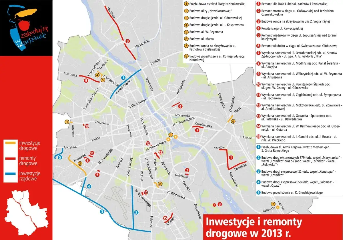 Mapa inwestycji i remontów drogowych w Warszawie w 2013 r. pokazuje, gdzie leży Warszawa i jakie są plany rozwoju infrastruktury.