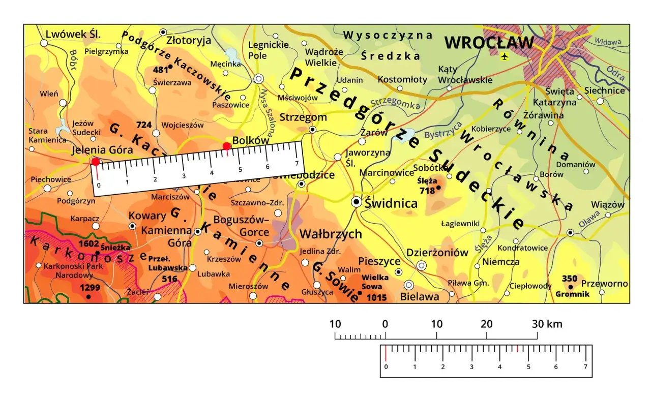 mapa turystyczna z podziałką liniową i linijką