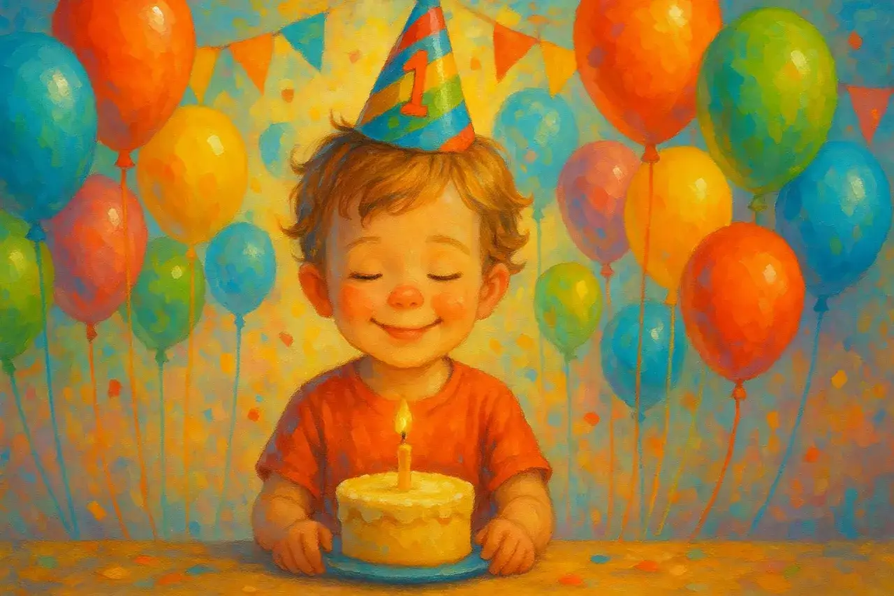 Uśmiechnięty chłopiec w czapce urodzinowej z cyfrą 1, przed tortem ze świeczką. Wokół kolorowe balony i chorągiewki. Idealne do wierszyków urodzinowych dla dzieci.