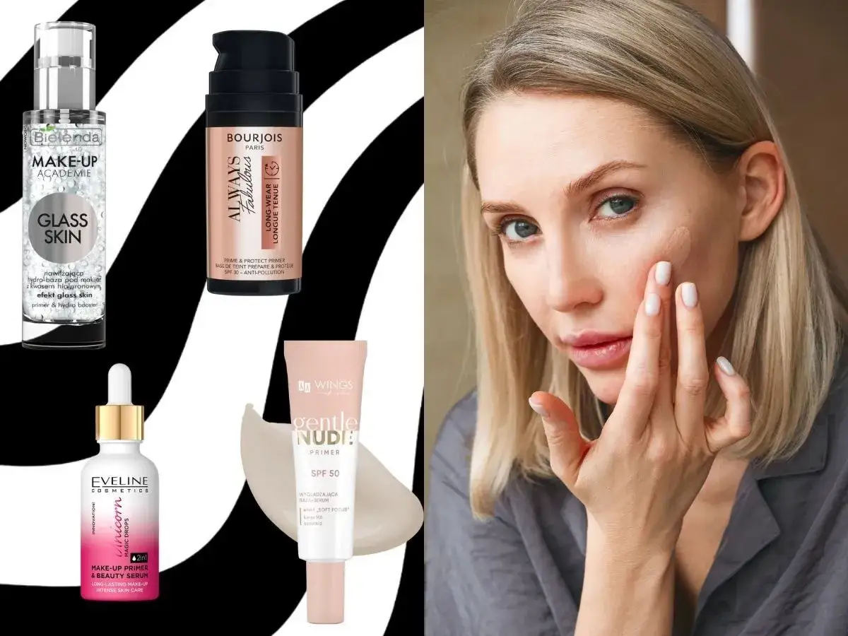 Kobieta aplikuje na twarz silikonową bazę pod makijaż. W tle kosmetyki: baza Bielenda Glass Skin, Bourjois Always Fabulous, Eveline Unicorn i Wings Gentle Nudie.