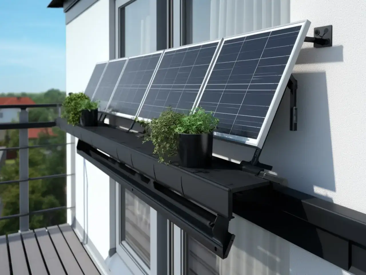 Panele fotowoltaiczne na balkonie, obok zielonych roślin w czarnych doniczkach, tworzą ekologiczny zakątek.