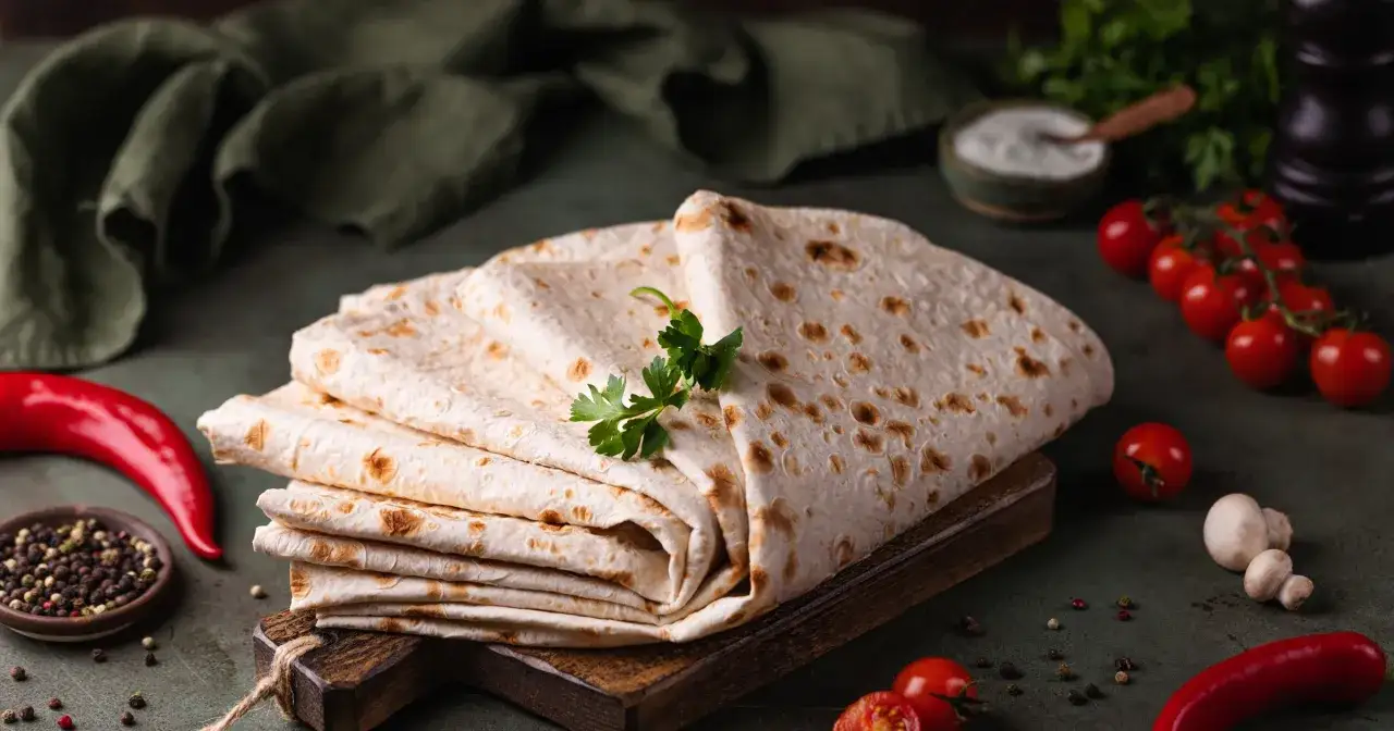 Stos cienkich placków tortilla i lawasz, ozdobiony natką pietruszki, obok pomidorków, papryczki chili i pieprzu.